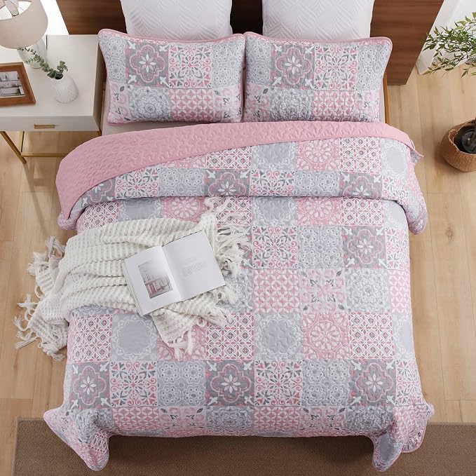 Pink Grey Quilt Set King Size, Boho Plaid Patchwork Bedspread Coverlet Set | - Image 3