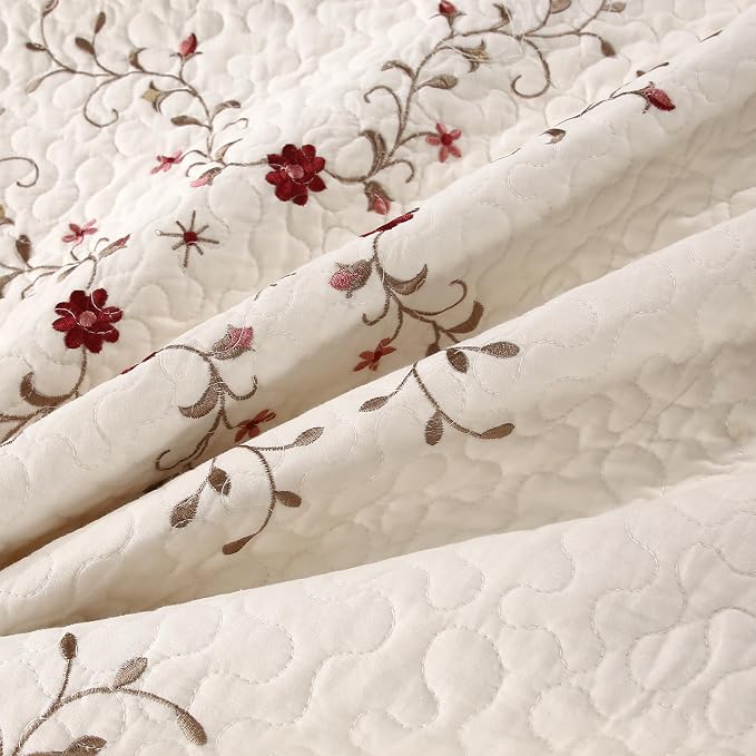 Quilt Set Full Floral Leaves 3D Embroidery Pattern 3-Piece Cotton Blend | - Image 8