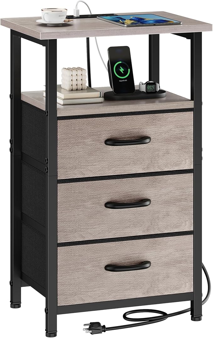 Nightstand with Charging Station, Bedside Table with USB Ports and Outlet by Vagusicc