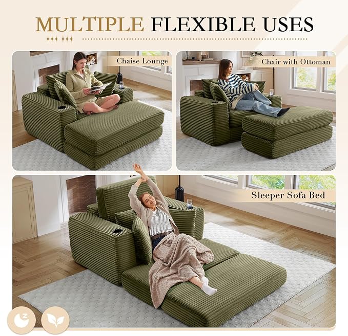 Oversized Chaise Lounge Chair Indoor, 52.4"W Corduroy Upholstered Fluffy Comfy - Image 4