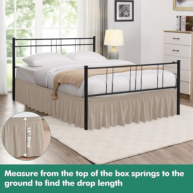 Biscaynebay Wrap Around Bed Skirts with Split Corners for Queen Beds 14" Drop, Light Camel Elastic Dust Ruffles Adjustable Easy Fit Wrinkle & Fade Resistant Silky Luxurious Fabric Machine Washable
