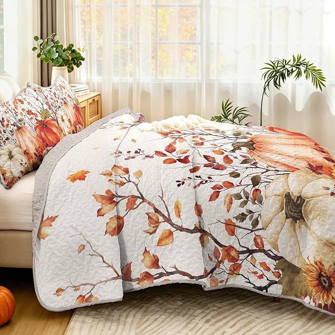 WONGS BEDDING Fall Harvest Pumpkin Quilt King Size, Thanksgiving Bedspread | - Image 5