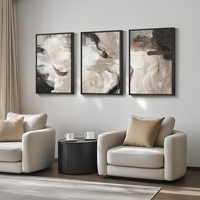 Large Framed Neutral Abstract Wall Art, 3 Piece Modern Minimalist Canvas Prints - Image 2