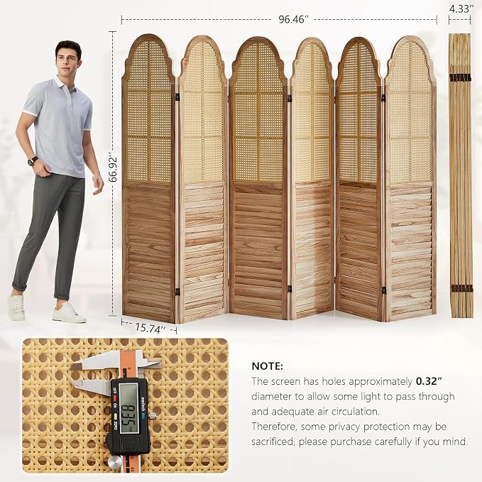 6 Panels Room Divider, Rustic Rattan Room Divider, Wood Folding Privacy Screen - Image 2