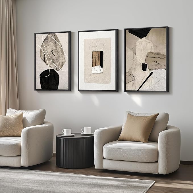 Large Framed Neutral Abstract Wall Art, 3 Piece Modern Canvas Prints Paintings - Image 2
