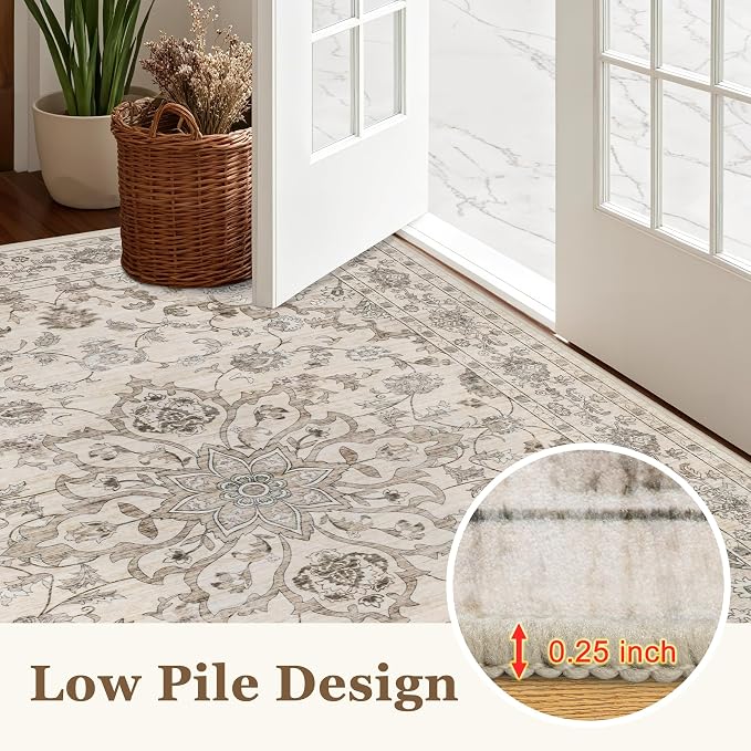 Round Area Rug for Living Room: 4ft Boho Washable Rug Brown Beige | Vintage - Image 8