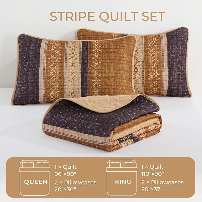 Cottolester Fall Quilt Set Queen, Burnt Orange Striped Patchwork Bedspread | - Image 5