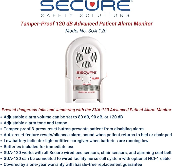Secure Bed Exit Alarm for Elderly Adults Fall Prevention - 80-120 dB Monitor,12x30 Weight Sensing Pressure Pad - Caregiver Alert System for Seniors, Dementia Patients to Know When They Get Up