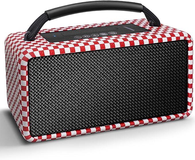 DINDIN Portable Bluetooth Speaker: 80W (Peak), 20H Playtime, Loud Wireless Wood Speakers with Bass, AUX and USB Input, Subwoofer, TWS Pairing, Vintage Speaker for Outdoor, Home, Office (Red+White)