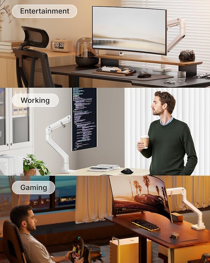 monTEK Heavy-Duty Monitor Arm for 17-57" Ultrawide Curved Screen, Supports up to 59.4 lbs, Adjustable Gas Spring Arm, 75/100 VESA Mount, Clamp & Grommet Desk Monitor Mount Single, White