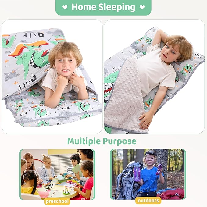 Viviland Toddler Kid Nap Mat for Preschool, Grey Dinosaur Slumber Bag, Daycare Sleeping Bag with Pillow and Blanket, Kindergarten Sleep Mat