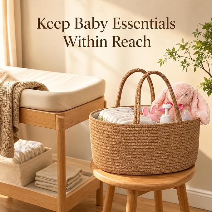 ABenkle Baby Diaper Caddy Organizer, Boho Jute Rope Nursery Storage Bin - Image 2