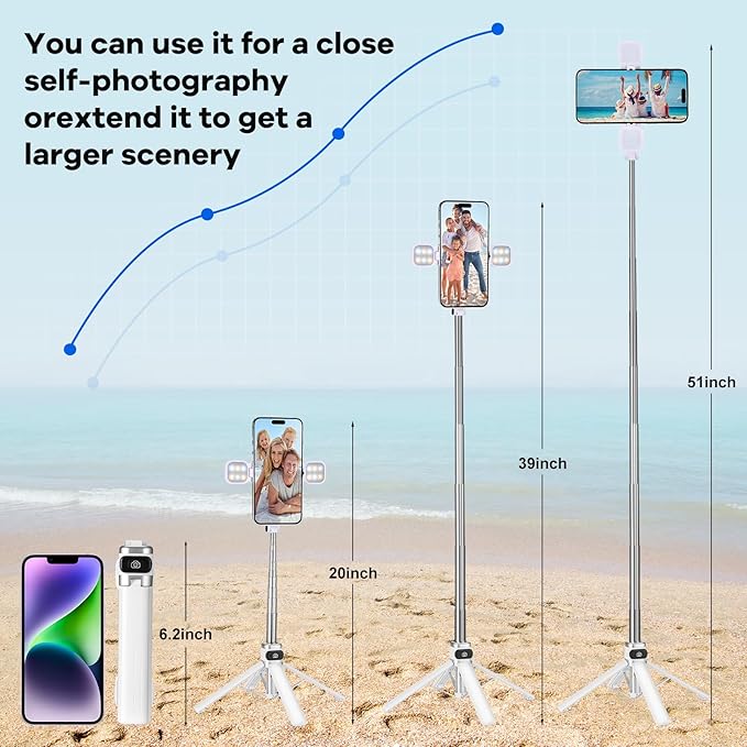 Mini Phone Tripod Stand,MQOUNY 38" Phone Tripod &Selfie Stick with Wireless Rechargeable Remote & Removable Light, Extendable Tripod Stand 360 Rotation Compatible with Phone&Android Samsung (White)
