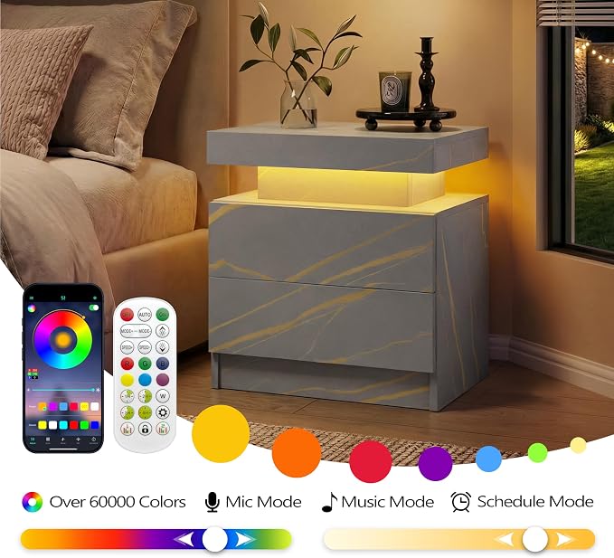 LED Nightstand with Wood 2 Drawers Modern Bedside Table - Image 6