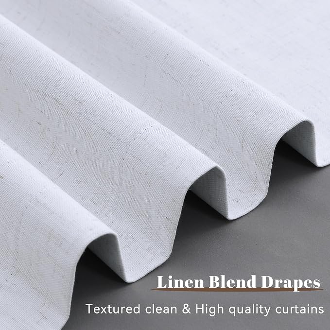 Beige White 100% Blackout Linen Curtains 84 Inches Long 2 Panels Back Tab Hook - Image 4