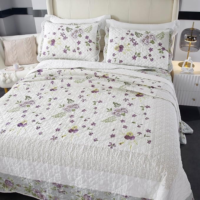 ROOMLIFE Quilt Set King Size 3D Floral Embroidery Pattern 3-Piece Cotton by ROOMLIFE