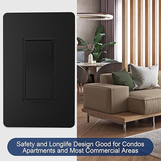 ThunderWay Matte Black 3 Way Decorative Light Switch with Plate, 15 A 120/277 V Rocker Paddle Wall Switch Replacement, Self-Grounding, Residential Grade, Wall Plate, UL Listed (10 Pack)