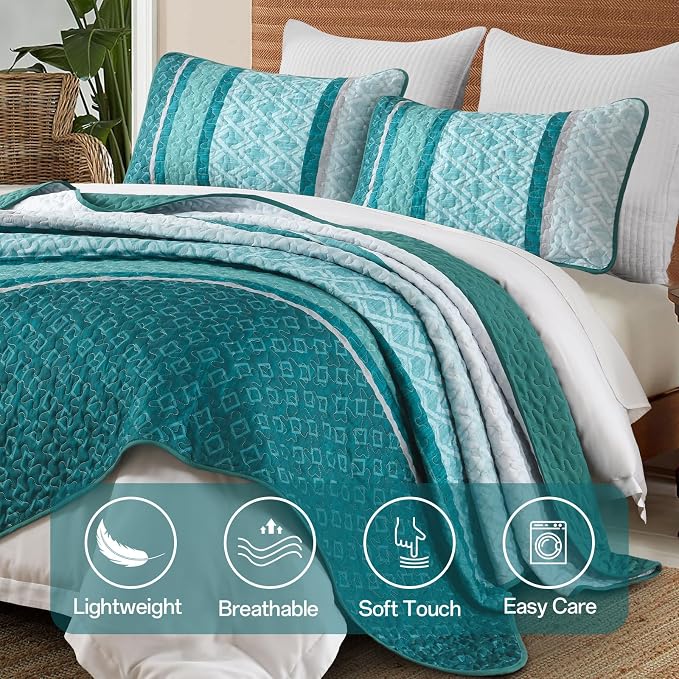 Dinjoy Boho Quilt Set, Turquoise Bedspread Queen Size, Striped Plaid Spring - Image 9