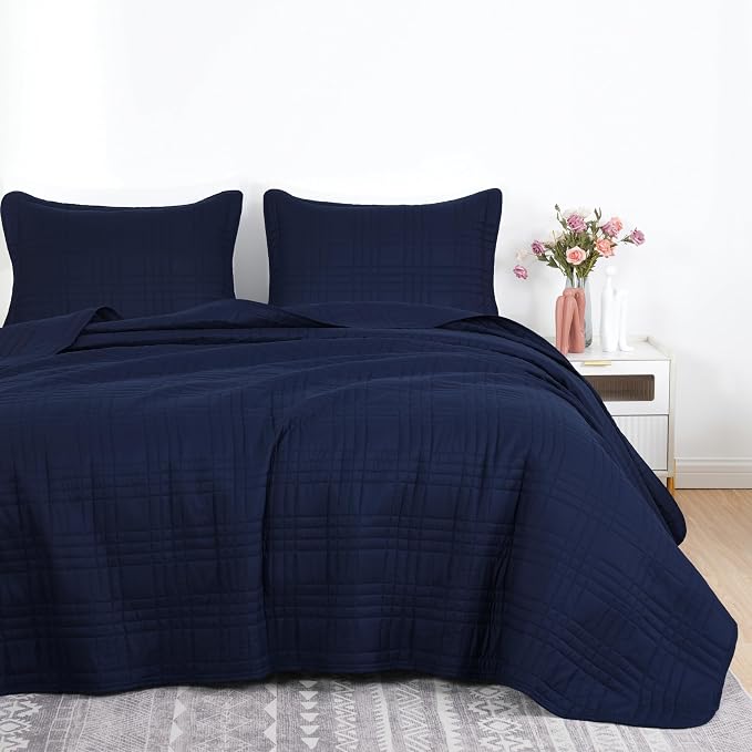 Chezmoi Collection Kingston Queen Size Bedspread Set, 3-Piece Navy Oversized - Image 2