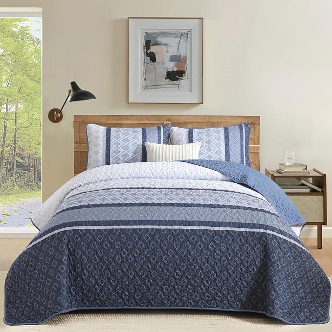 Dinjoy Boho Queen Quilt Set, Striped Bedspread Queen Size, Mineral Blue | 3 - Image 2