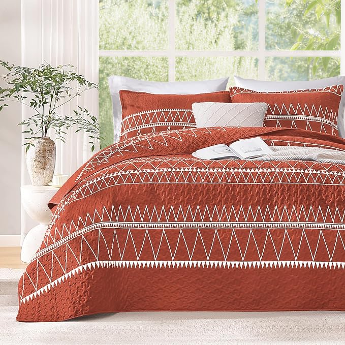 Burnt Orange Cal King Quilt Set, 3 Pieces Boho Striped Bedspread | Soft - Image 2