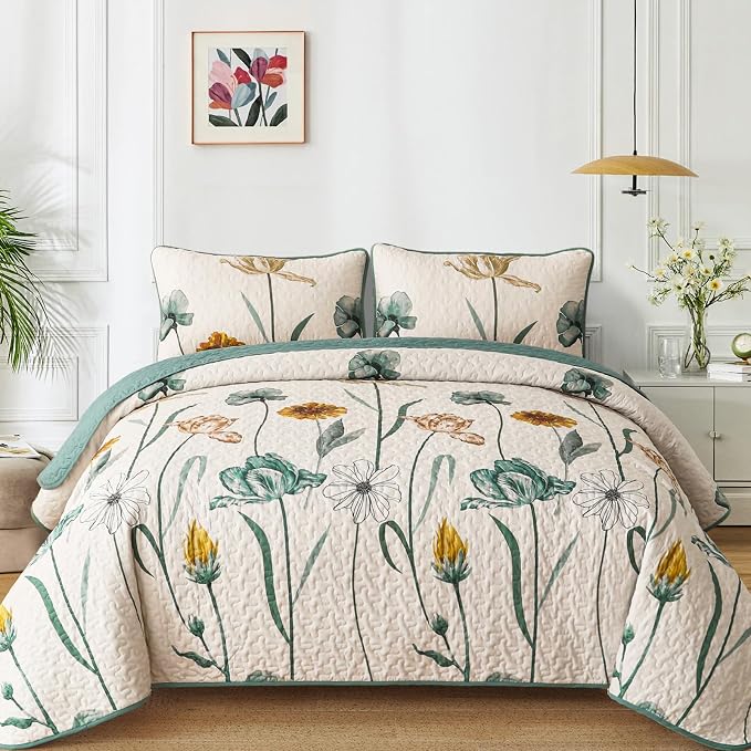 WONGS BEDDING Floral Quilt Set Queen Size, Aqua Botanical Coverlet | Farmhouse by WONGSBEDDING