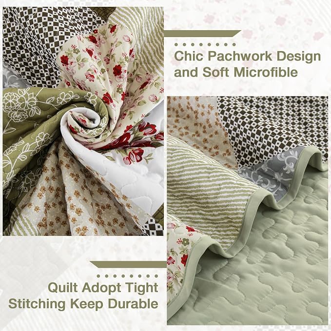 Dinjoy Patchwork Quilt Set King Size, Boho Bedding Set, Oliver Green | Soft - Image 5