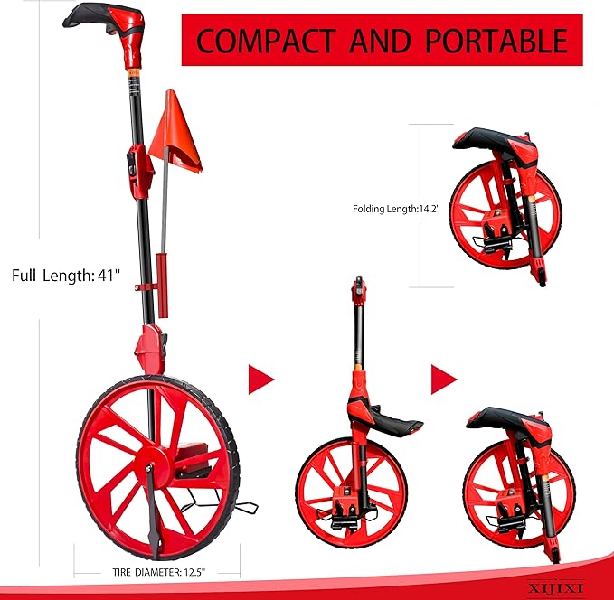 XIJIXI Distance Measuring Wheel in feet,Measure Wheel,Collapsible Rolling Measurement Wheel,12.5”Diameter Wheel,With One key to Zero,Upgrade Flag Holder,With 10 Survey Flags(Red）