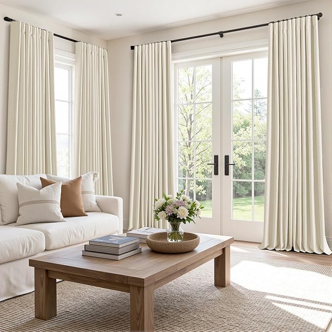 MIULEE 100% Blackout Back Tab Pleat Linen Curtains 50" Wx90 L, Light Cream | 2 - Image 2