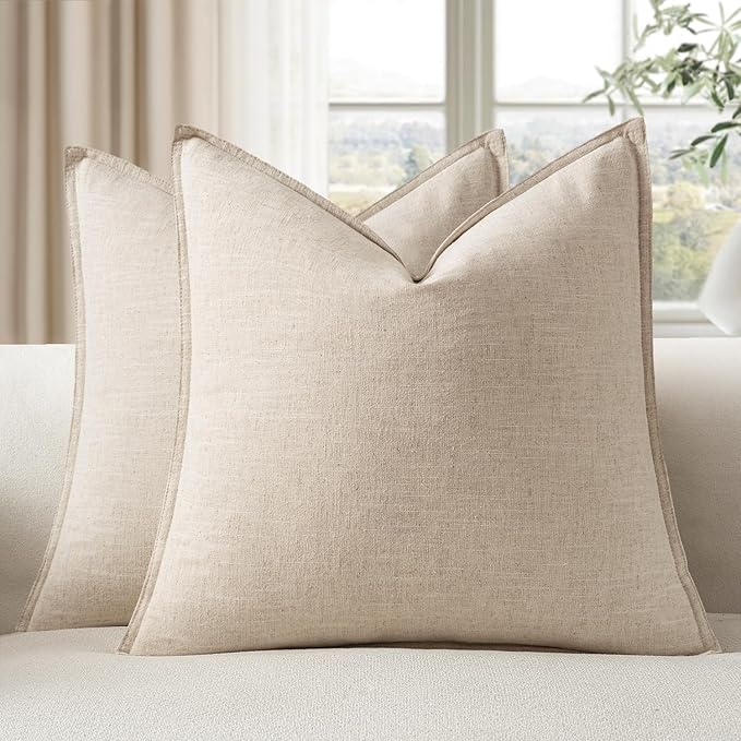 EMEMA Decorative Linen Throw Pillow Covers 22x22 Inch Natural Beige Boho Farmhouse Neutral Couch Throw Pillows for Bed Pack of 2 Accent Pillowcase Modern Sofa Cushion Livingroom Home