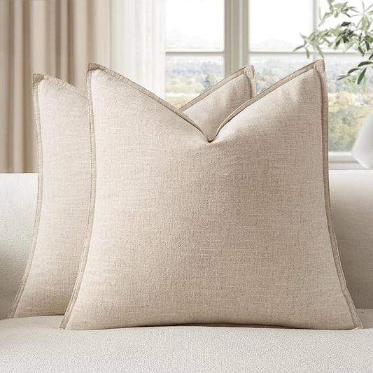 EMEMA Decorative Linen Throw Pillow Covers 22x22 Inch Natural Beige Boho Farmhouse Neutral Couch Throw Pillows for Bed Pack of 2 Accent Pillowcase Modern Sofa Cushion Livingroom Home