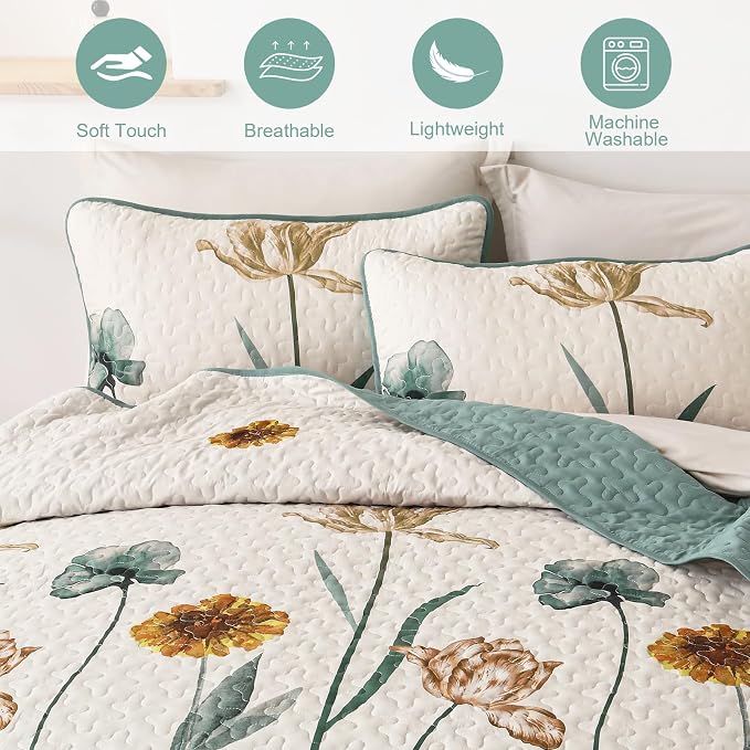 WONGS BEDDING Floral Quilt Set Queen Size, Aqua Botanical Coverlet | Farmhouse - Image 4