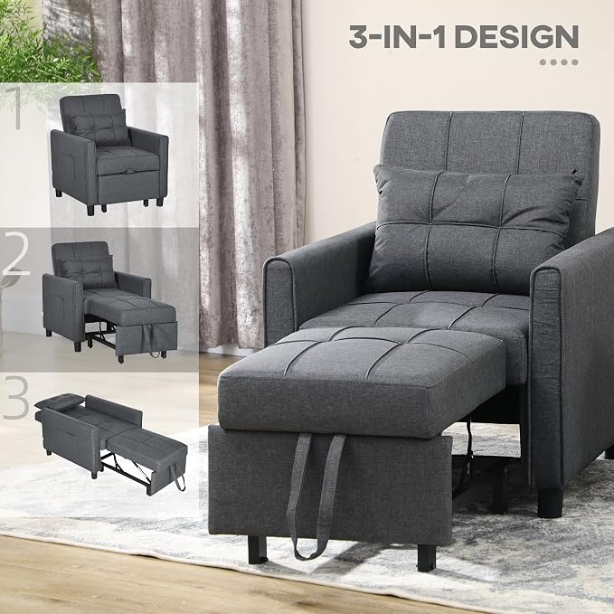 HOMCOM 3-in-1 Convertible Chair Bed Sleeper Chair Single Sofa Bed Gray | Pull - Image 6