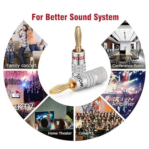 WGGE WG-009 Banana Plugs Audio Jack Connector, 24k Gold Dual Screw Lock Speaker Connector for Speaker Wire, Wall Plate, Home Theater, Audio/Video Receiver and Sound Systems (12 Pairs / 24 pcs)