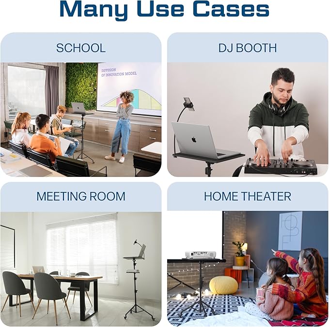 DYNAMO TECH Projector Stand Tripod Laptop Tripod with Wheels & Adjustable Height Portable Podium Stand with Phone Holder Projector Holder for Home, Office, School & DJ Matte Black
