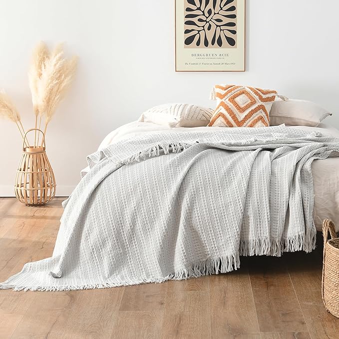 100% Cotton Waffle Queen Blanket with Fringe 90"x90", Pre-Washed Waffle Weave Blanket for All Season, Lightweight Breathable Soft Cozy Throw Blanket for Couch, Bed, Travel (Light Grey)
