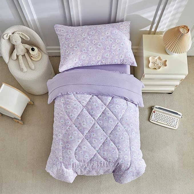 JHXHMX Floral Toddler Bedding Set for Girls,4 Piece Bed-in-a-Bag Toddler Comforter Set,Soft Crib Bed Set Including Comforter,Flat Sheet,Fitted Sheet and Pillowcase-Purple