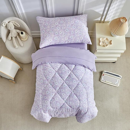 JHXHMX Floral Toddler Bedding Set for Girls,4 Piece Bed-in-a-Bag Toddler Comforter Set,Soft Crib Bed Set Including Comforter,Flat Sheet,Fitted Sheet and Pillowcase-Purple