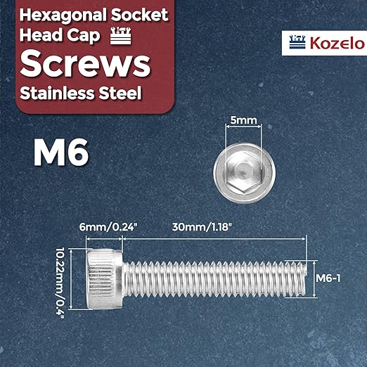 Kozelo 50pcs Socket Head Cap Screws - [M6-1 x 30mm] 304 Stainless Steel Allen Socket Drive for Electrical Motor 3D Printing Fan Engine Replacement Use, Silver