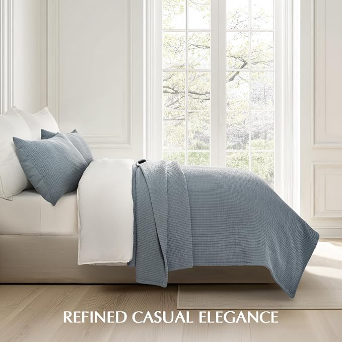 EVERGRACEHOME Cotton Gauze Matelassé Coverlet, King Size, Dusty Blue | Ultra - Image 5