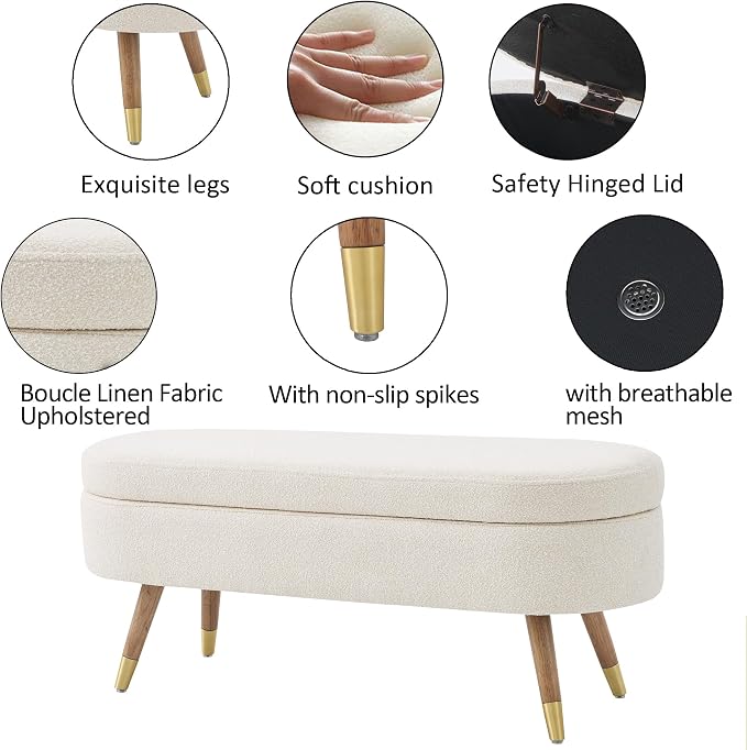IAFIKE Oval Storage Bench 43.5" Ottoman Bench Upholstered Boucle Fabric - Image 4