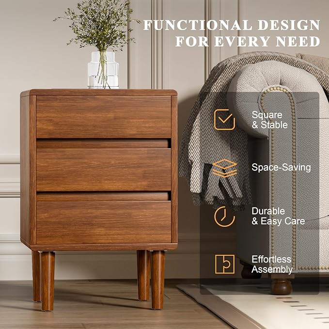 Nightstand with 3 Drawers Narrow Night Stand Solid Wood Bedside Table Mid - Image 5