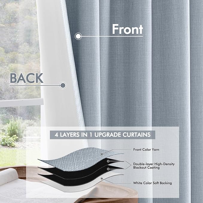 MIULEE 100% Blackout Back Tab Pleat Linen Curtains 50" Wx90 L, Chambray Blue | - Image 5