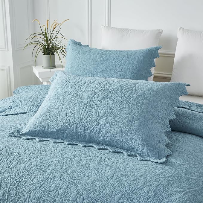Brandream Luxury 100% Cotton Quilt Set King Size Blue Floral Vine Matelasse - Image 5