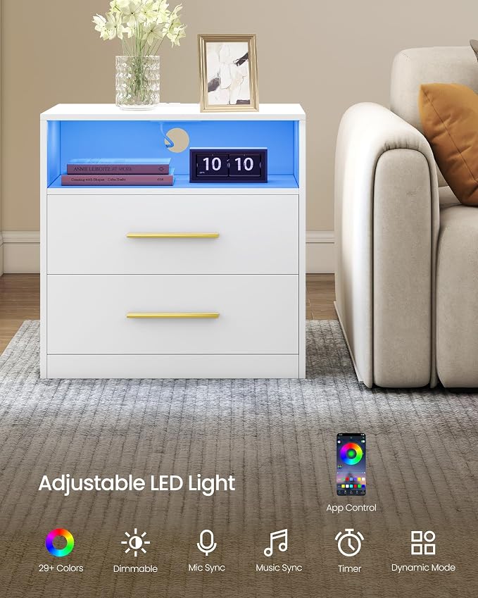 VASAGLE 23.6‑Inch Wide Nightstands, LED Lights, 2 Drawers | Modern Side End - Image 5
