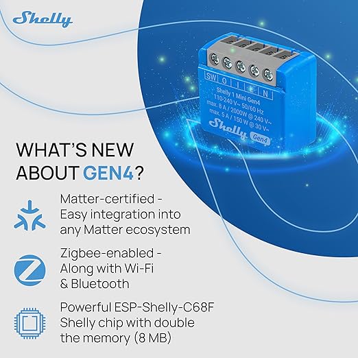 Shelly 1 Mini Gen4 | Wi-Fi, Zigbee & Matter Smart Relay Switch with Dry Contacts, 1-Channel 8A | Home Automation | Alexa, SmartThings, Google, Apple HomeKit Compatible | Garage Door Opener (2 Pack)