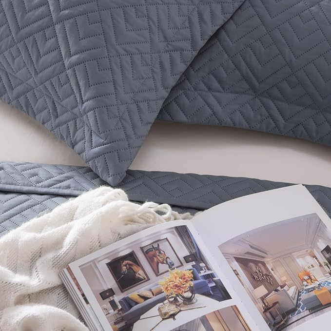EXQ Home Twin Quilt Set Lightweight Squares Pattern Bluish Grey Bedding Set | - Image 7