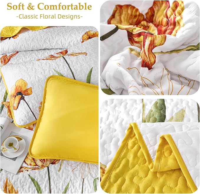 WONGS BEDDING Yellow Quilt Set King Size, Colorful Floral Quilt Set - Image 6
