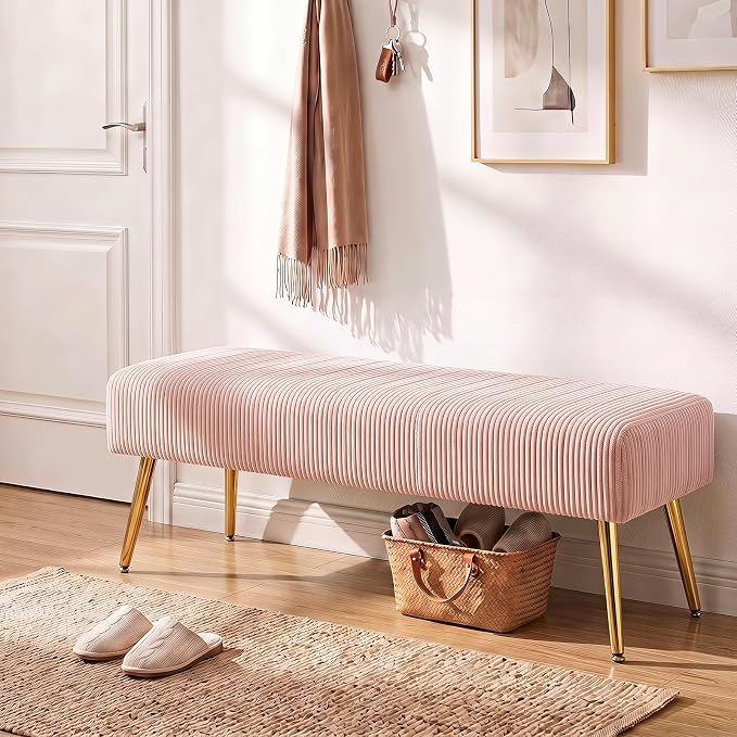 44 Inch Bedroom Bench, Modern Ottoman End of Bed Bench, Upholstered Corduroy - Image 5