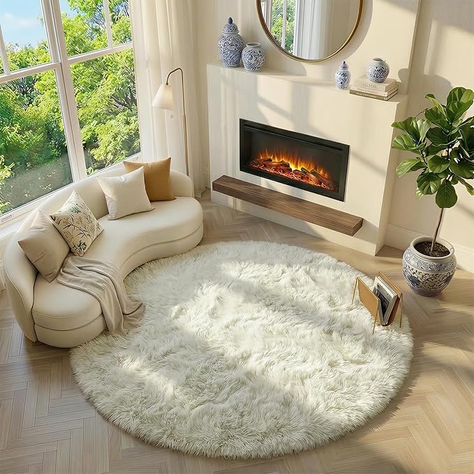 Amdrebio Cream Ivory White Big Furry Area Rug 7Ft - Image 5